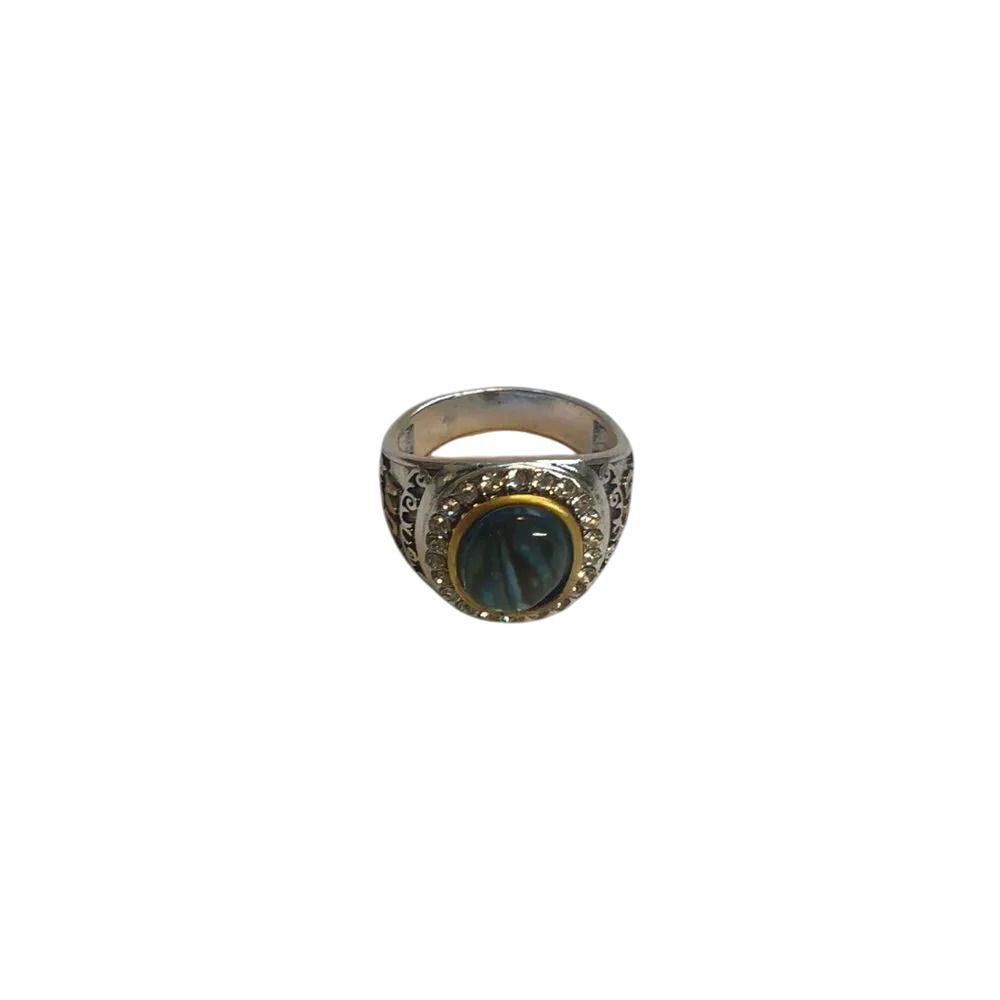 Vintage Style Silver Tone Ring with Green and Black Stone Statement Jewelry